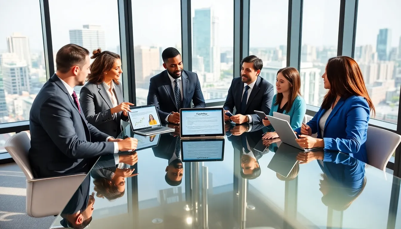 diverse professionals discussing franchising strategies in a modern office.