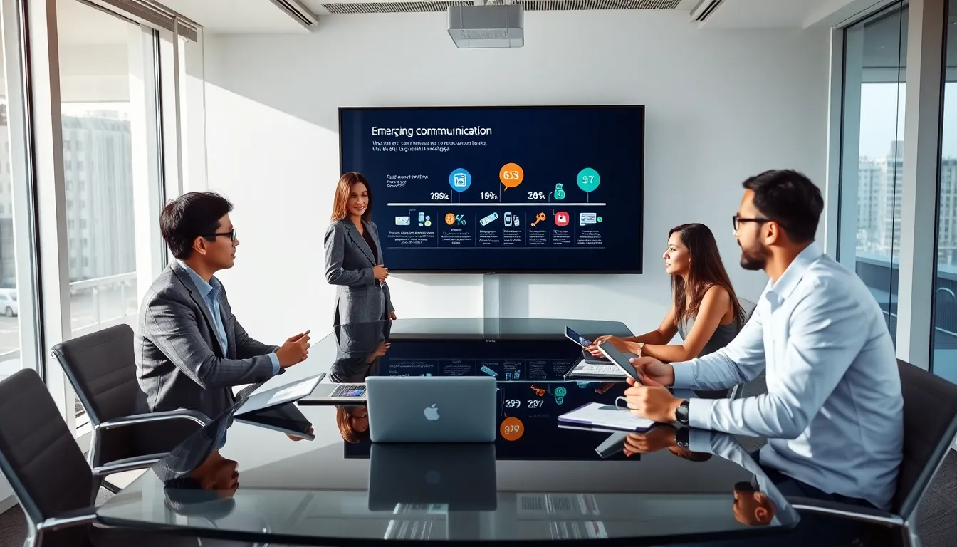 diverse team discussing communication technologies in a modern office.