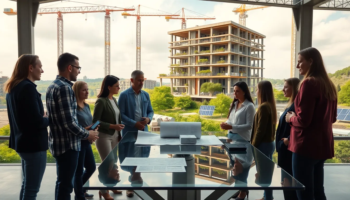 diverse team discussing sustainable construction at a modern site.