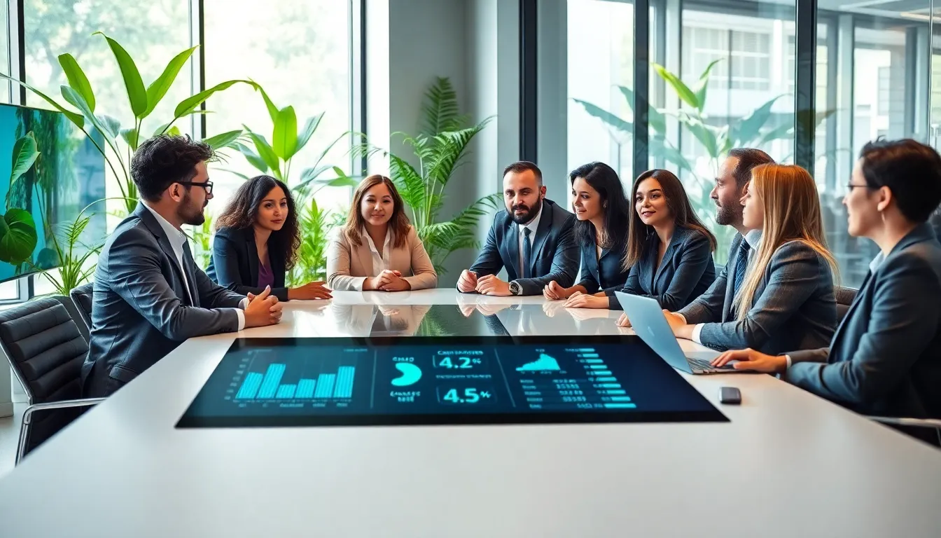 diverse technology leaders discussing sustainable IT practices in a modern office.