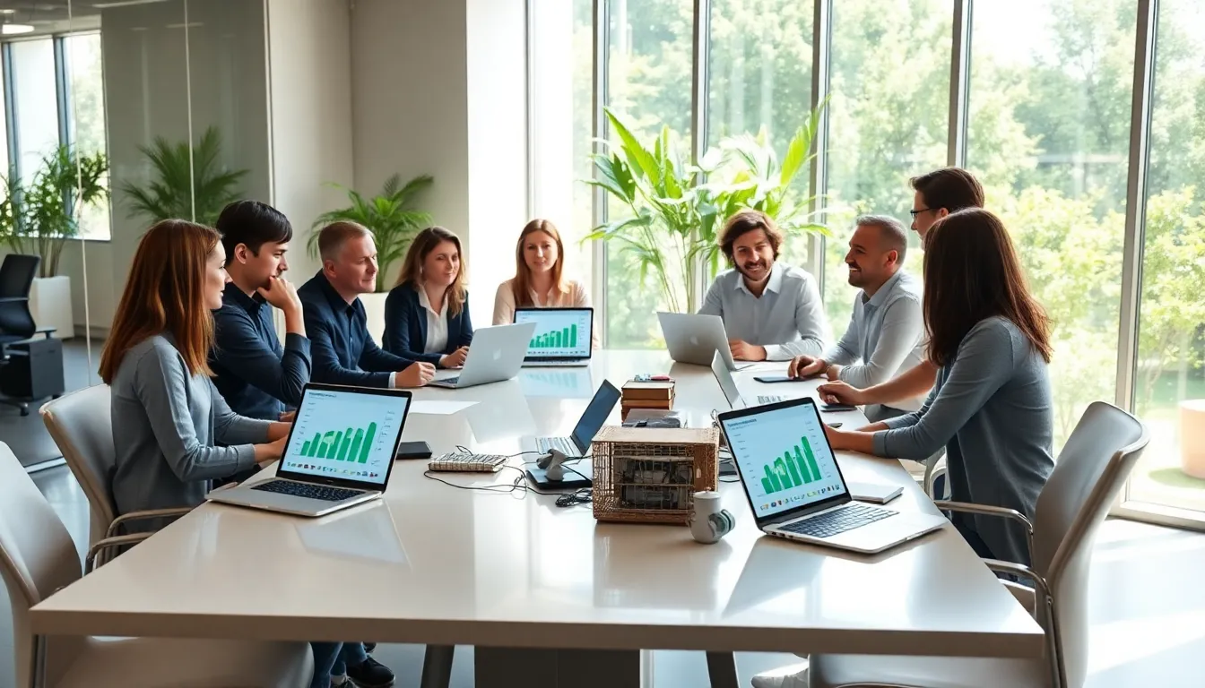 diverse team discussing sustainable manufacturing technology in a modern office.