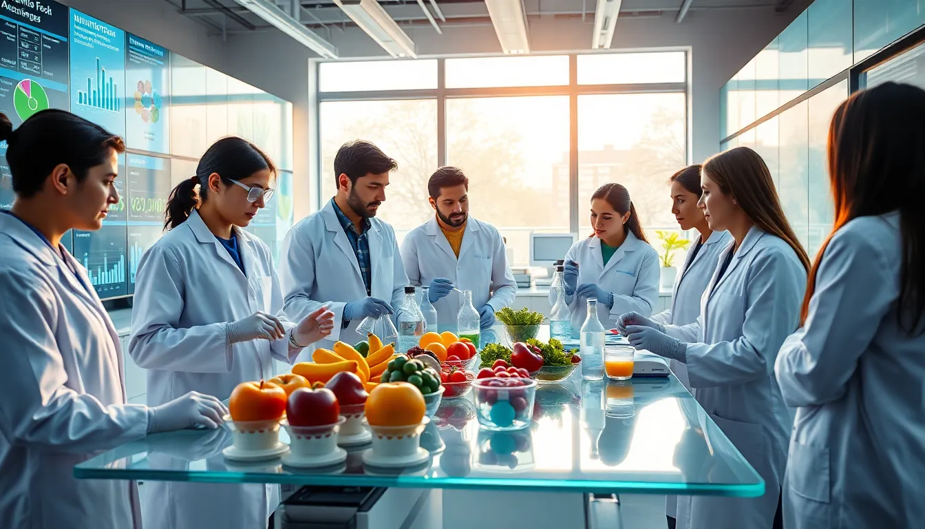 diverse food scientists collaborating in a modern lab on nutrition innovations.