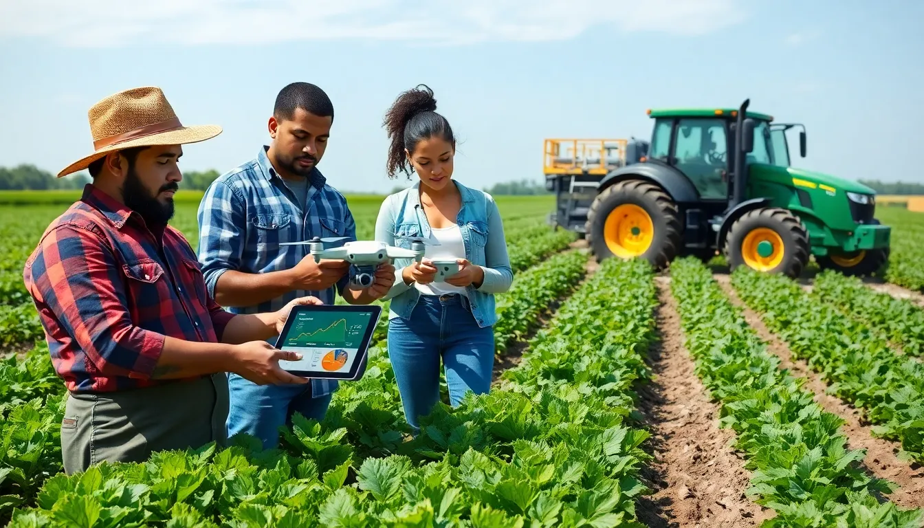 farmers using technology in modern agriculture in a vibrant field.