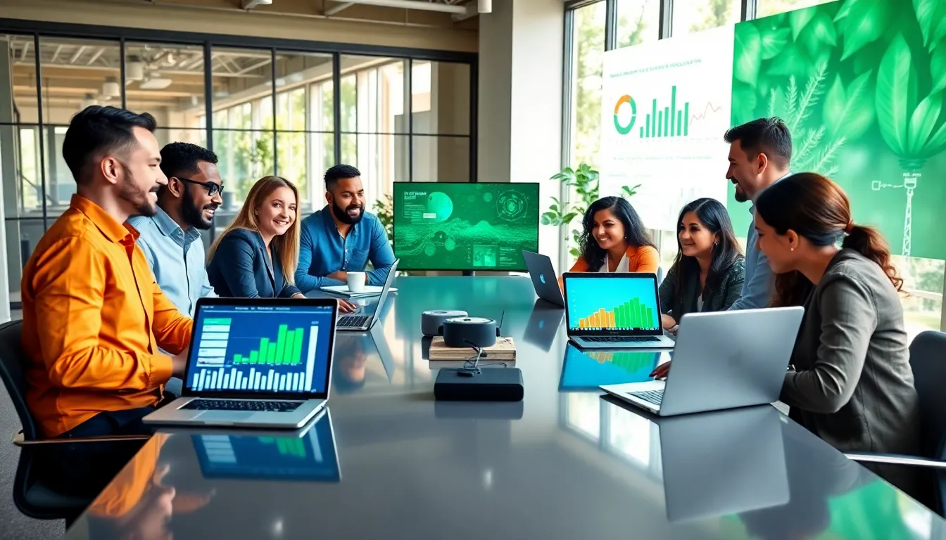 diverse professionals discussing sustainable technology in a modern office.