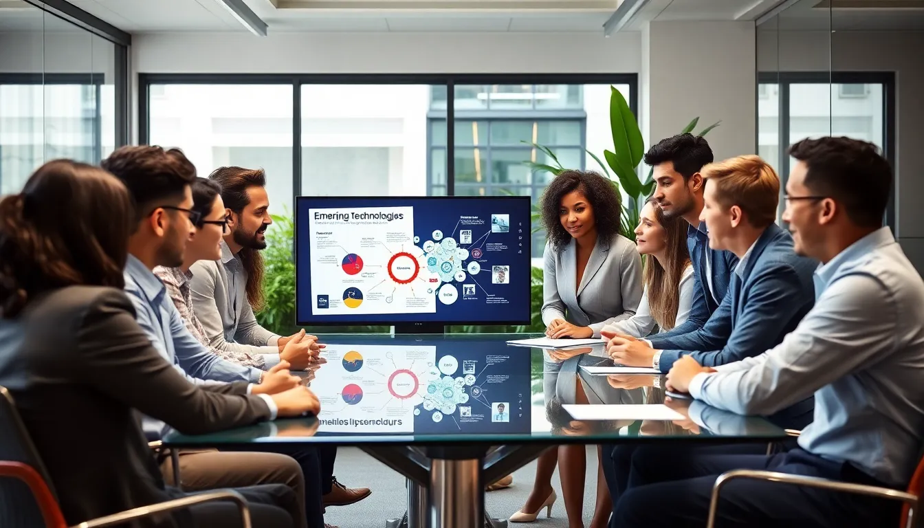 diverse team discussing emerging technologies in a modern office.