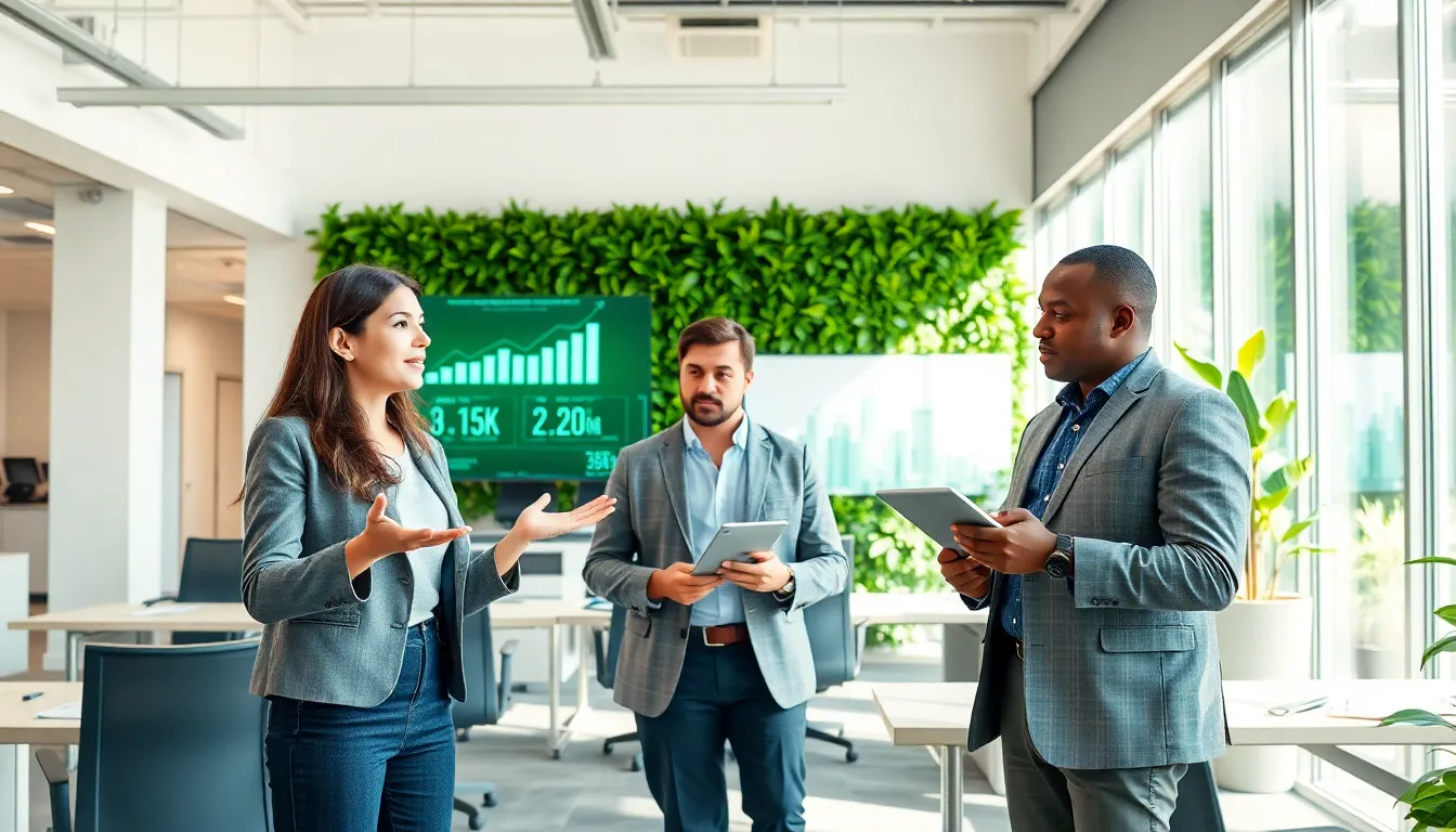 diverse team discussing sustainable technology solutions in a modern office.