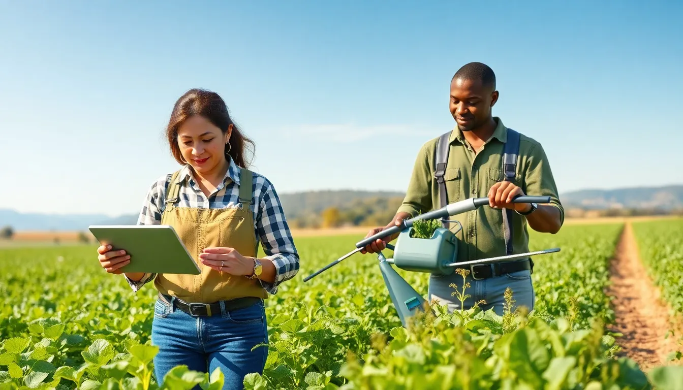 farmers using sustainable farming technology in a sunlit field.