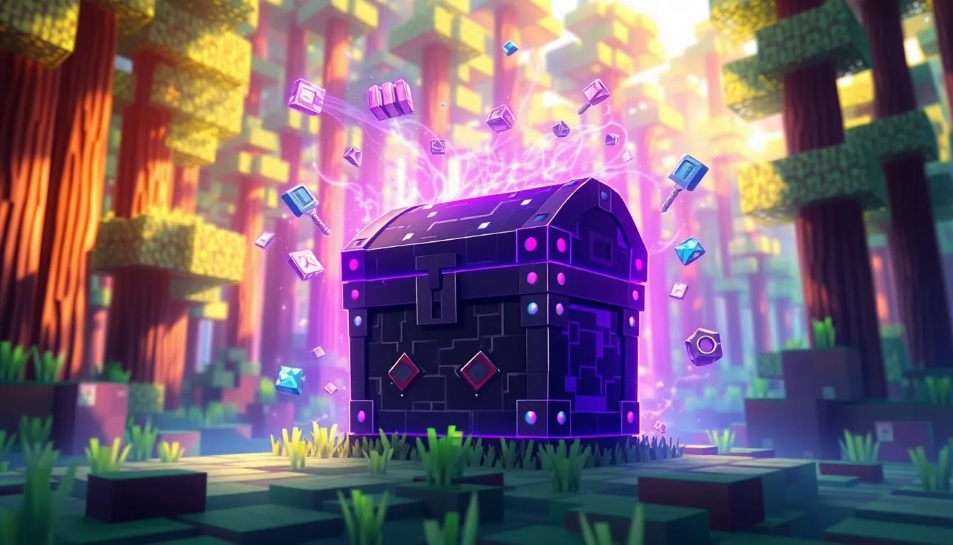 Minecraft Ender Chest surrounded by a vibrant pixelated landscape.