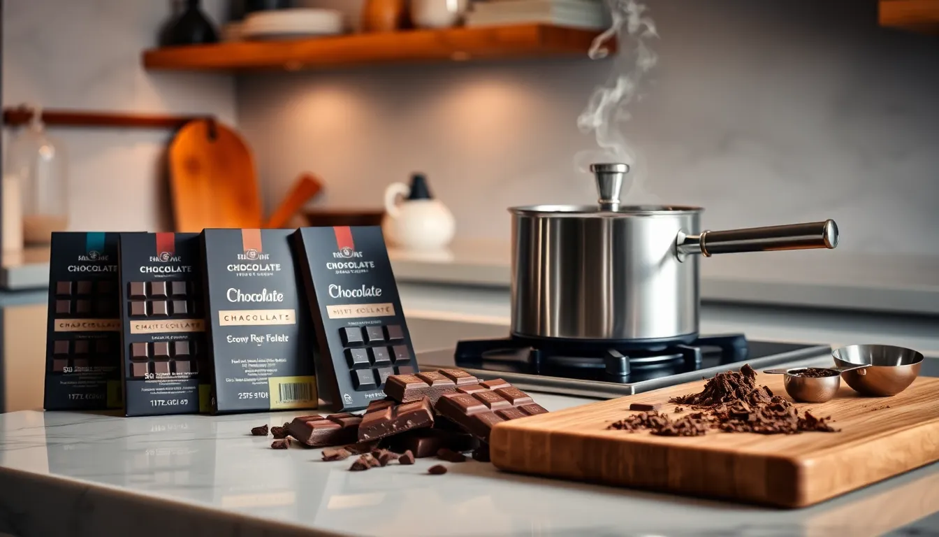 assorted chocolate bars for making hot chocolate on a kitchen countertop.