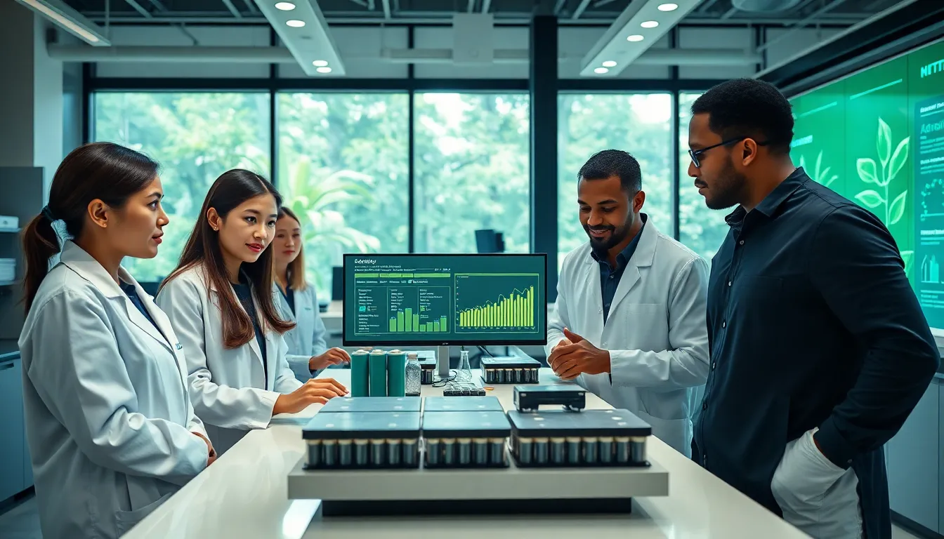 diverse team collaborating on sustainable battery technology in a modern lab.