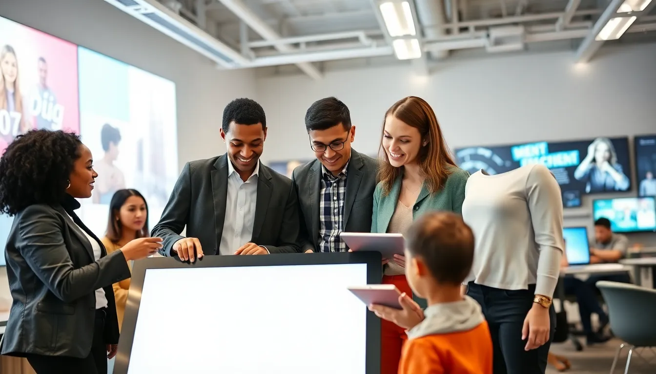 diverse professionals collaborating in a tech-enhanced educational setting.